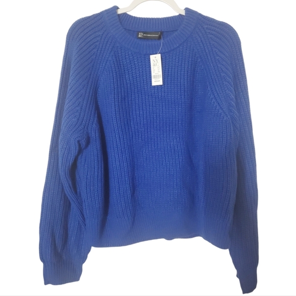 New York & Company Chunky Ribbed Sweater Blue Medium Cable Knit - Picture 2 of 9
